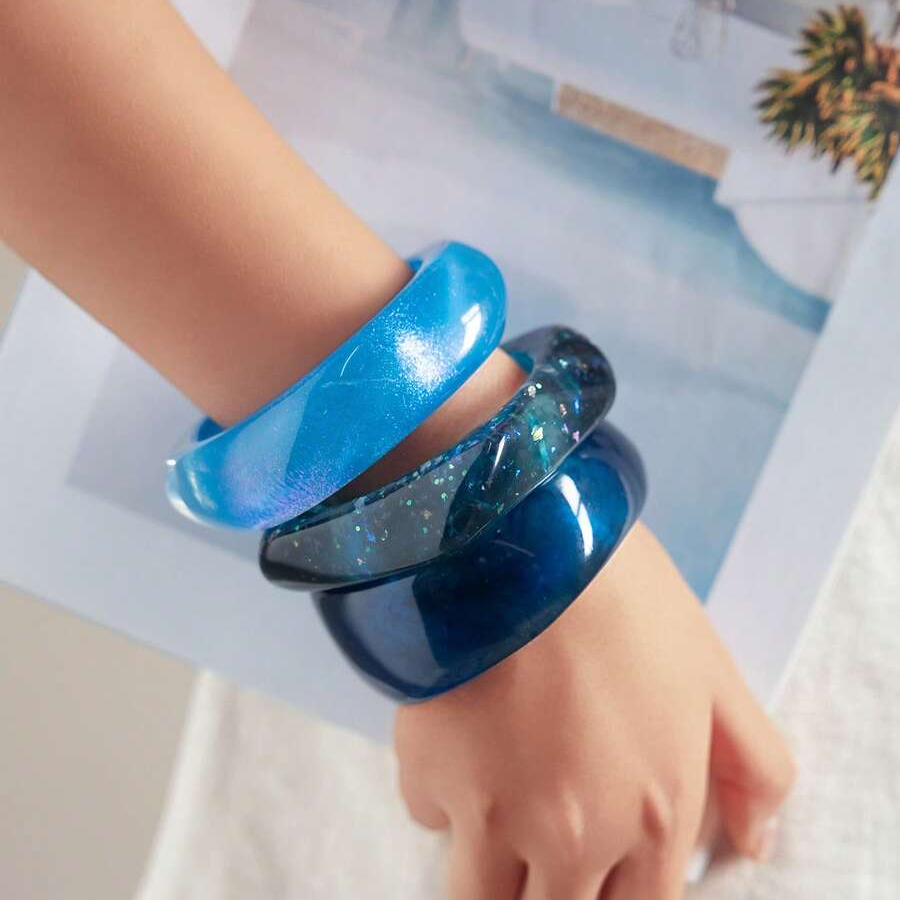 3pcs Blue Resin Bracelet Set, Elegant Minimalist